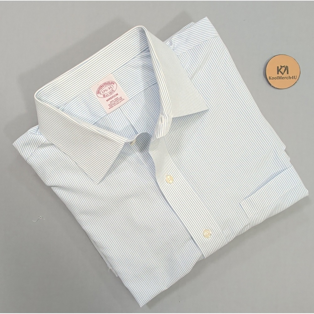 Brooks Brothers Mens Madison Dress Shirt 17.5 33 Blue Stripe Non-Iron Supima LS